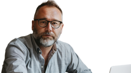 American middle age male Employee IT specialist sit at work with laptop on white background
