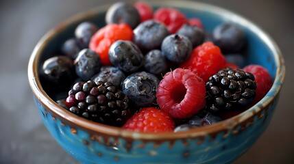 A bowl of mixed berries including blueberries, raspberries, and blackberries.