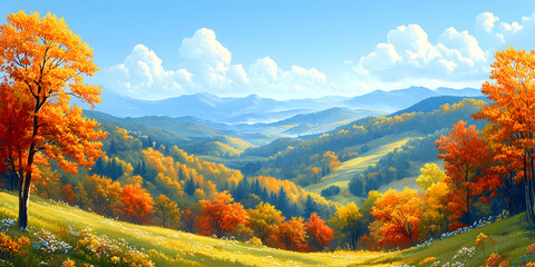 Obraz premium Autumnal Mountain Vista, Vibrant fall foliage paints the rolling hills and valleys, creating a breathtaking panorama under a bright, sunny sky.