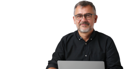 American middle age male Employee IT specialist sit at work with laptop on white background
