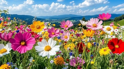 Obraz premium Colorful Wildflower Meadow, Rolling Hills, and Blue Sky with Clouds A Serene Landscape