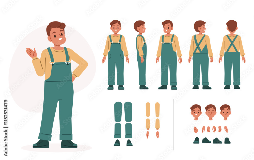 Poster boy child character constructor for animation. front, side and back view set. body parts, postures, 