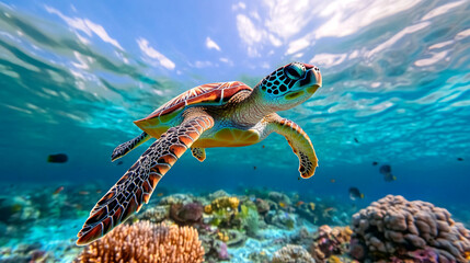 Obraz premium Graceful Sea Turtle Swimming Through Vibrant Coral Reef