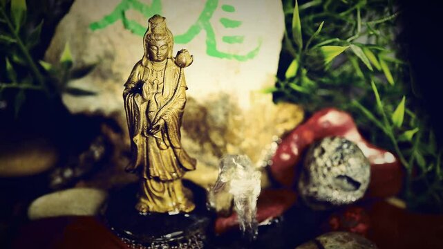 Guanyin godness at a Chinese dragon well in vintage view