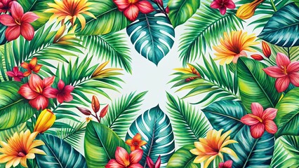 Fototapeta premium Vibrant Tropical Floral Frame with Lush Green Foliage and Exotic Blooms