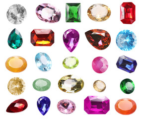 Many different shiny gemstones on white background, set