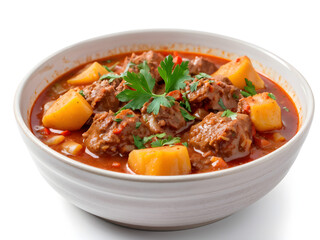 Meat stew, homemade goulash isolated on white background, full clipping path