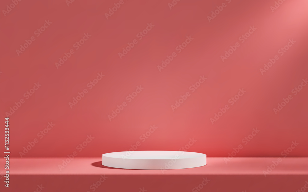 Poster 3d white podium in peach empty room with table. background studio scene with platform for product pr