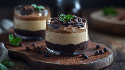 Delicious layered dessert served in elegant glassware with chocolate and mint