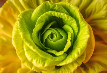 Obraz premium The image showcases a fresh green head of lettuce, specifically a variety like butterhead or romaine. The leaves are tightly packed and curl delicately around the center, displaying a vibrant, crisp t