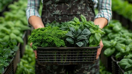 Fototapeta premium A person holds a basket of fresh herbs, showcasing a vibrant selection of greens.