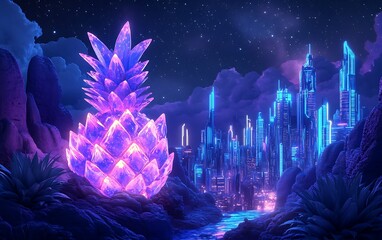Fototapeta premium Glowing crystal pineapple in surreal night landscape with futuristic city.