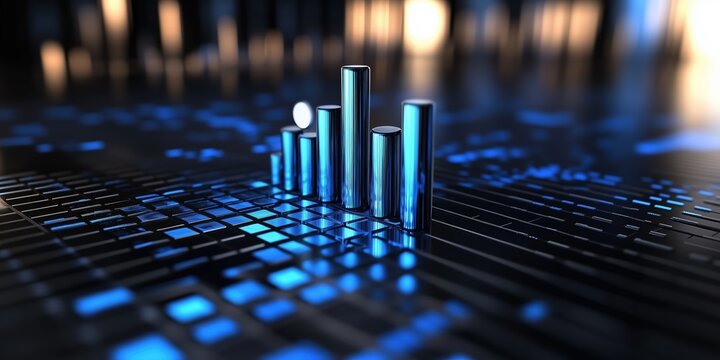Blue futuristic bar graph on a reflective digital grid, optimized for financial trading, data analytics