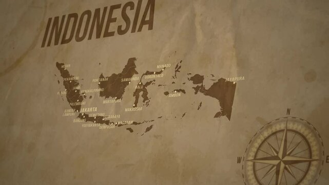 Vintage Map of INDONESIA with states Borders and Major Cities Positions