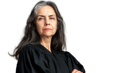 American middle age female judge on white background
