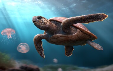 Obraz premium Sea turtle gracefully swims underwater, sunlight beams illuminate the scene, jellyfish drift nearby.