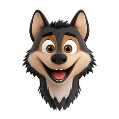 Obraz premium Cheerful cartoon wolf face with bright eyes and animated expression, perfect for children's illustrations, stories, or playful designs featuring animal characters.