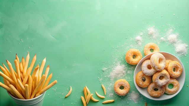 Sweet Treats and Savory Snacks A Delightful Arrangement of Mini Donuts and Crispy Fries on a Green Background