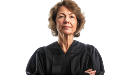 American middle age female judge on white background
