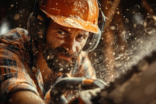 Generative AI image of a handsome virile bearded woodcutter at work in a traditional woodworking workshop