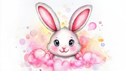Fototapeta premium Adorable watercolor bunny with pink ears surrounded by soft pastel clouds
