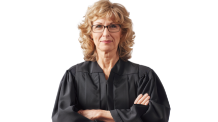 American middle age female judge on white background
