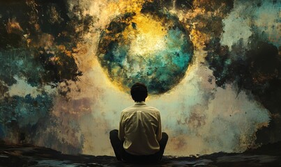 Obraz premium Person meditates; cosmic, textured backdrop.