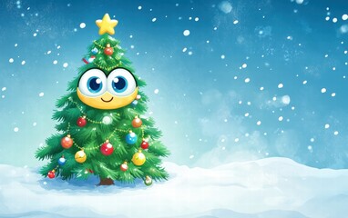 A cartoon Christmas tree with big cheerful eyes and colorful ornaments on a snowy background