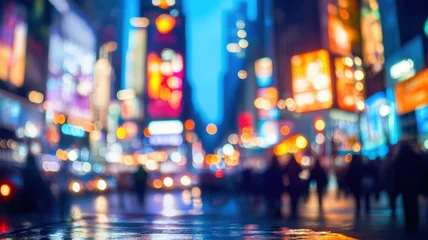 Keuken foto achterwand Blurred view of times square's lively nighttime lights, reflecting on a rain soaked sidewalk, forming a vibrant urban landscape © Iaroslav