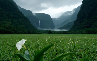 Serene waterfall view with Calla lily in foreground.