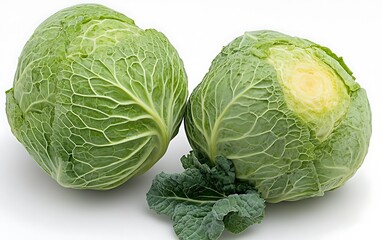 Fototapeta premium Two fresh green cabbages with leaves isolated on white background.