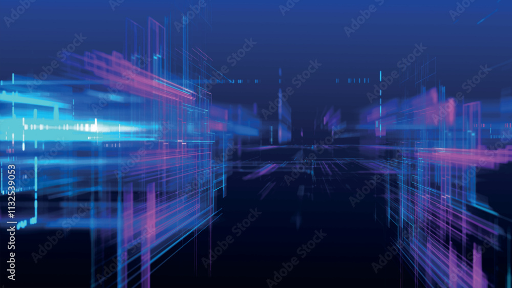 Poster abstract techno background. three-dimensional composition of intersecting multi-colored grids. infor