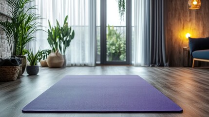 Fototapeta premium Calm and Inviting Yoga Space with Purple Mat and Natural Light