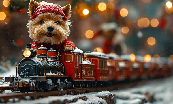 Christmas Train Ride: A cute Yorkshire Terrier in a festive red hat is the conductor of a miniature train adorned with Christmas lights.