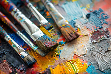 Obraz premium Generative AI image of talented artist passionately painting with vibrant colors on a large canvas in an art studio