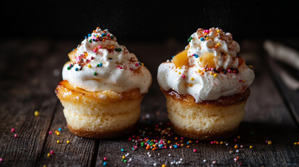 Delicious cupcakes topped with cream and colorful sprinkles on a wooden table