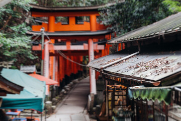 Fushimi Inari Taisha Shrine, Fushimi-ku, Kyoto Prefecture, Kansai region, Kyoto, Japan, Shinto shrine, mountain way with red torii gates tunnel, wooden torii path, fox sculptures, travel to Japan