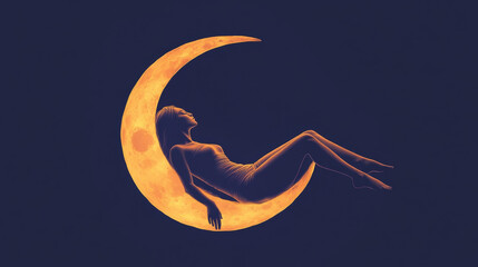 Naklejka premium Beautiful woman relaxing on crescent moon, fantasy illustration