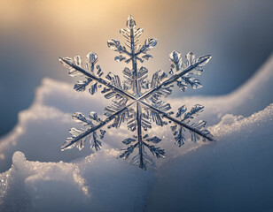 Close-Up - Macro of a Snowflake on Snowy Grass. Winter background.