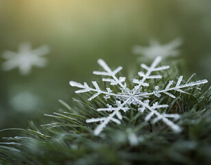 Close-Up - Macro of a Snowflake on Snowy Grass. Winter background.
