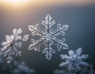 Close-Up - Macro of a Snowflake on Snowy Grass. Winter background.