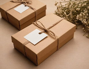 Eco-Friendly Gift Box with Flowers on Beige Background with dried flowers and white tag, card. Generated image
