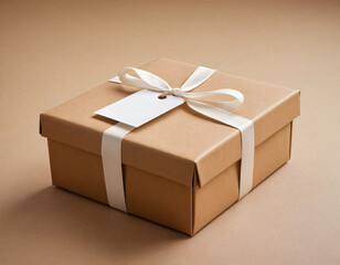 Eco-Friendly Gift Box with Flowers on Beige Background and white tag, card. Generated image