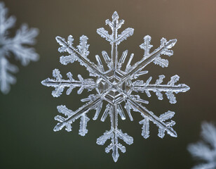 Close-Up - Macro of a Snowflake on Snowy Grass. Winter background.