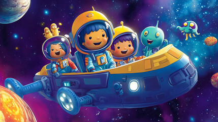 Fototapeta premium group of child astronauts in a spaceship, exploring planets, stars, and encountering friendly aliens