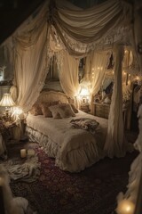Fototapeta premium Romantic Bedroom With Draped Canopy And Soft Lighting
