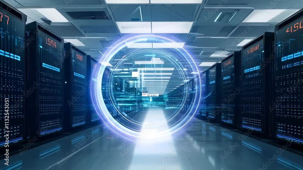 Poster exploring the heart of technology in a high-tech data center filled with servers and advanced equipm