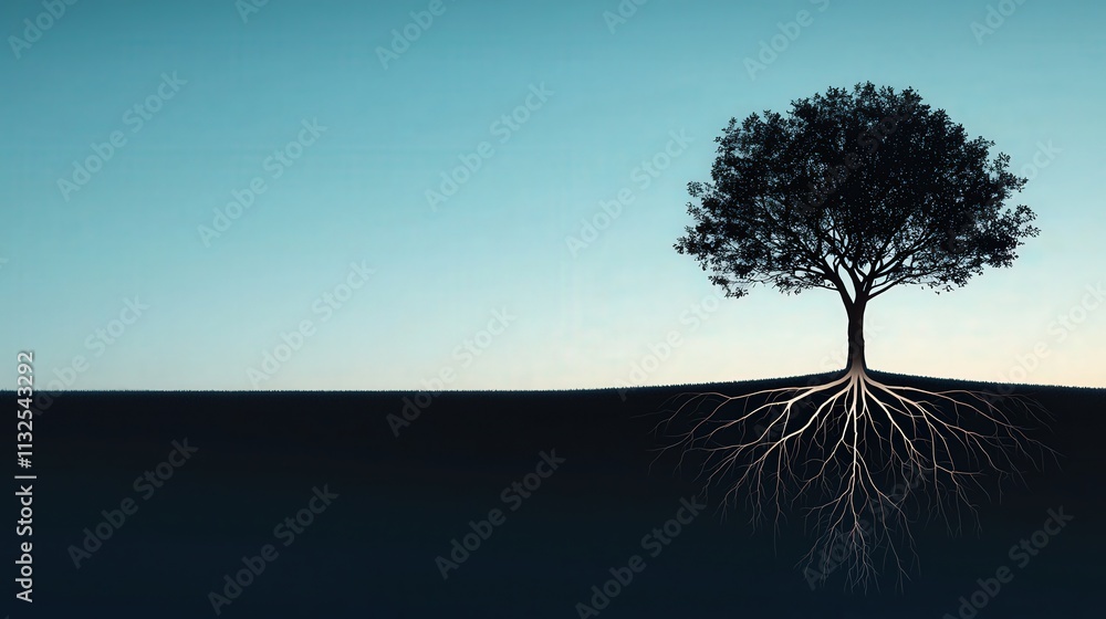 Poster illustration of a tree with roots shaped like neural networks