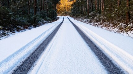 Obraz premium Snow-covered road winding through a forest with golden light in the background.