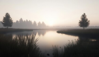 Fototapeta premium Soft, diffuse sunlight filtering through a foggy morning, creating a serene and calming countryside view